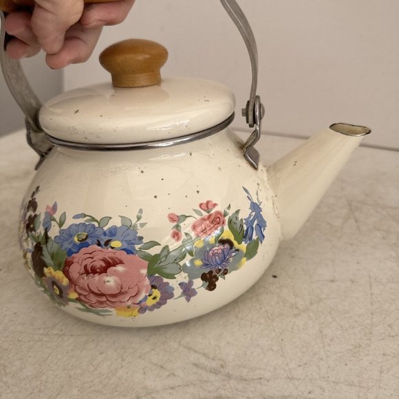 Kitchen Vintage Enamelware Beige W Flowers Teakettle W Wood Handle Gc